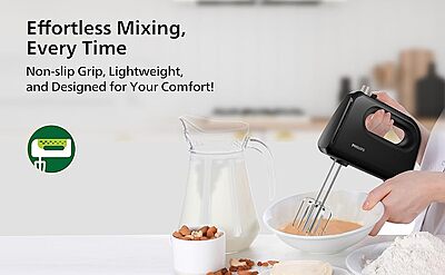 Philips 300W Hand Mixer – Black – Efficient Mixing with Multiple Speeds , Lightweight & Easy to Use- stainless steel accessories and 2 years warranty(black color)