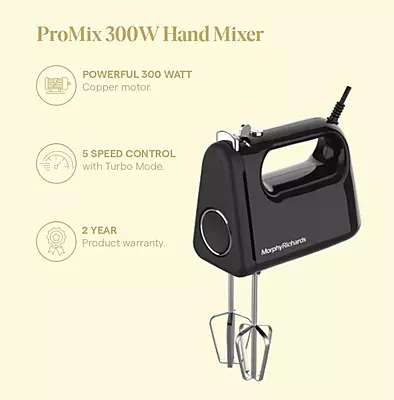 Morphy Richards Pro Mix 300W Hand Mixer- (BLACK) Ideal for Home Bakin