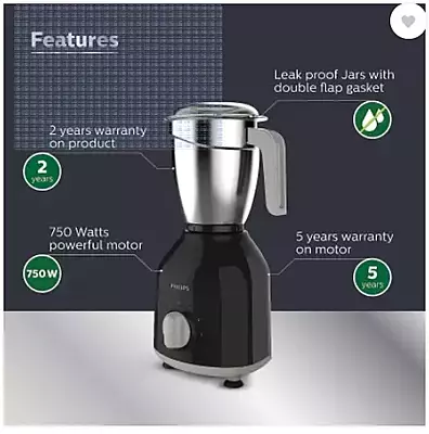 Philips Hercules 750-Watt Mixer Grinder – Grey, SS 3 Leak-Proof Jars for Multipurpose Use for Everyday Kitchen Needs