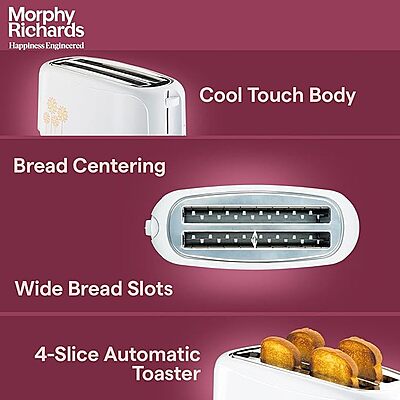 Morphy Richards AT 402 Pop-Up Toaster – 4 Slice, Automatic Pop Up Toaster with Removable Crumb Tray, Fast & Even Toasting, Extra-Wide Slots Ideal for Large Families