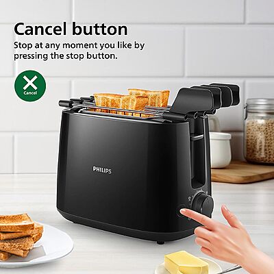 Philips 2-Slot Toaster – Black – Built-in Bun Warmer – Wide Slots, 8 Browning Settings- (Black)