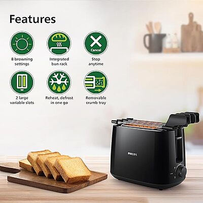 Philips 2-Slot Toaster – Black – Built-in Bun Warmer – Wide Slots, 8 Browning Settings- (Black)