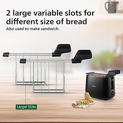 Philips 2-Slot Toaster – Black – Built-in Bun Warmer – Wide Slots, 8 Browning Settings- (Black)