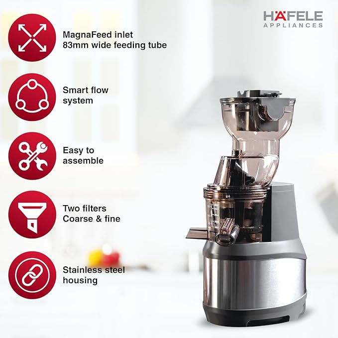 Häfele Magnus Cold Press Juicer- 250W, SS Body ,500ml Capacity , Low Noise , Grey , Slow Juicing for Maximum Nutrition,  All-in-1 Fruit & Vegetable Juicer