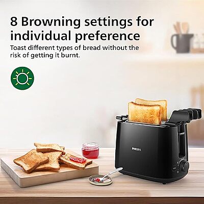 Philips 2-Slot Toaster – Black – Built-in Bun Warmer – Wide Slots, 8 Browning Settings- (Black)