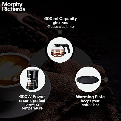 Morphy Richards 750W Drip Coffee Machine – Black , Simple One-Touch Operation, Quick & Hot Brewing
