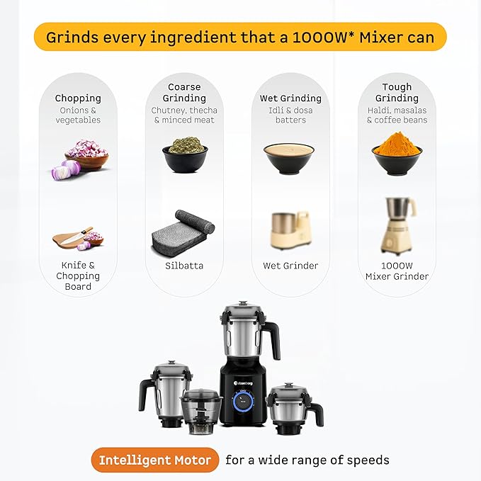 Atomberg Zenova Mixer Grinder with Unique Coarse Mode, 4 Jars including Unique Chopper Jar with Hands Free Operation (BLACK)