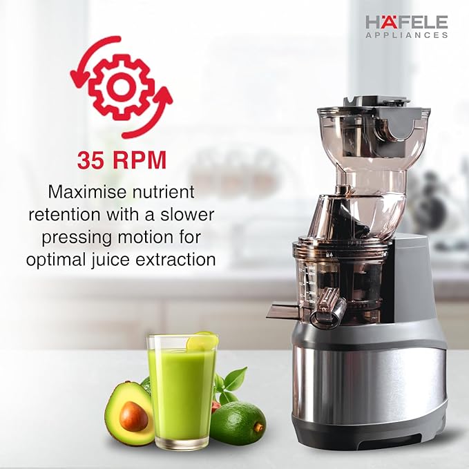 Häfele Magnus Cold Press Juicer- 250W, SS Body ,500ml Capacity , Low Noise , Grey , Slow Juicing for Maximum Nutrition,  All-in-1 Fruit & Vegetable Juicer