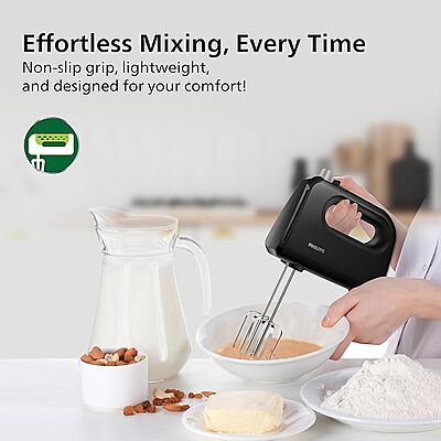 Philips 300W Hand Mixer – Black – Efficient Mixing with Multiple Speeds , Lightweight & Easy to Use- stainless steel accessories and 2 years warranty(black color)