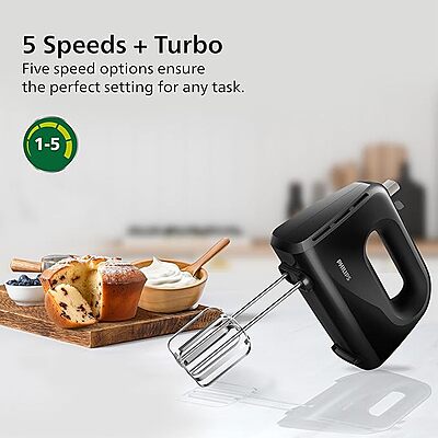 Philips 300W Hand Mixer – Black – Efficient Mixing with Multiple Speeds , Lightweight & Easy to Use- stainless steel accessories and 2 years warranty(black color)
