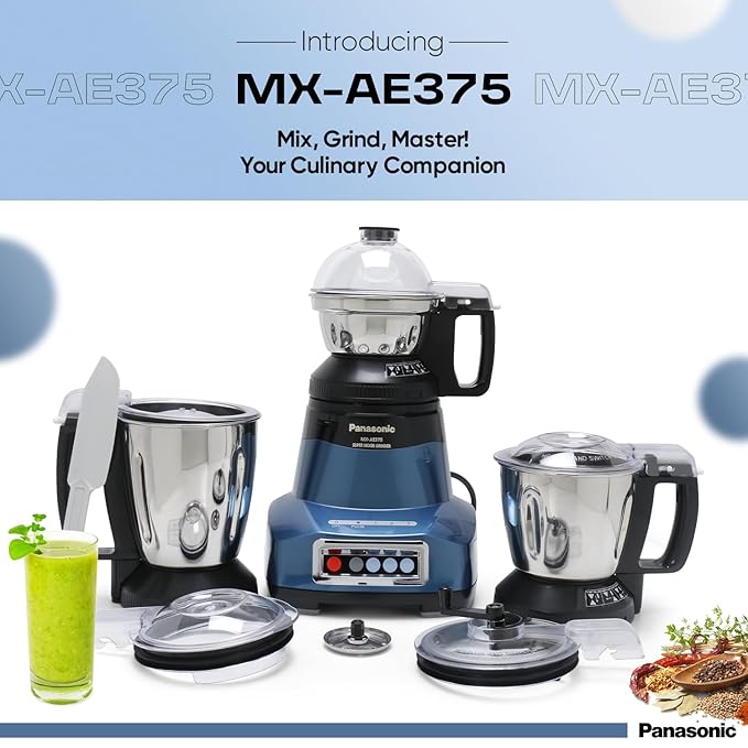 Panasonic MX-AE375 Monster 750 Watts Super Mixer Grinder With 3 Stainless Steel Jar (Blue)