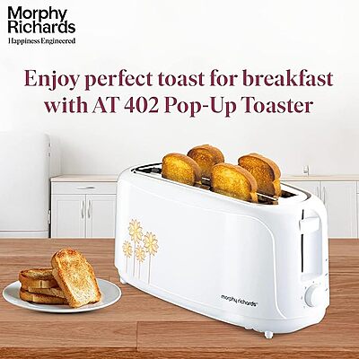 Morphy Richards AT 402 Pop-Up Toaster – 4 Slice, Automatic Pop Up Toaster with Removable Crumb Tray, Fast & Even Toasting, Extra-Wide Slots Ideal for Large Families