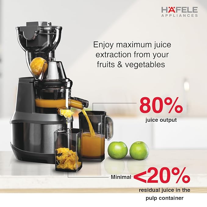 Häfele Magnus Cold Press Juicer- 250W, SS Body ,500ml Capacity , Low Noise , Grey , Slow Juicing for Maximum Nutrition,  All-in-1 Fruit & Vegetable Juicer