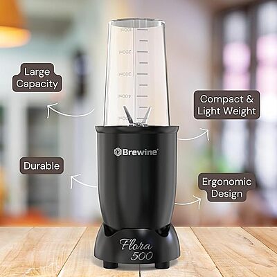 Brewine Flora 500 Nutri Blender | 500W Powerful Copper Motor | 3 Multipurpose Cups | 2-Year Warranty | Smoothies, Spices & Baby Food Maker (Black, 500 Watts Black)