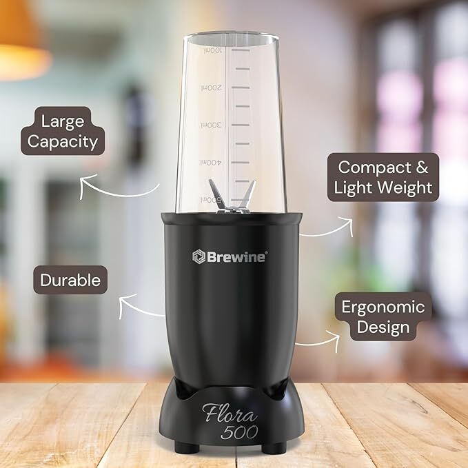 Brewine Flora 500 Nutri Blender | 500W Powerful Copper Motor | 3 Multipurpose Cups | 2-Year Warranty | Smoothies, Spices & Baby Food Maker (Black, 500 Watts Black)
