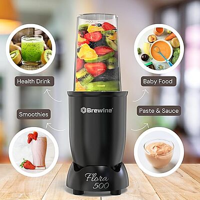 Brewine Flora 500 Nutri Blender | 500W Powerful Copper Motor | 3 Multipurpose Cups | 2-Year Warranty | Smoothies, Spices & Baby Food Maker (Black, 500 Watts Black)