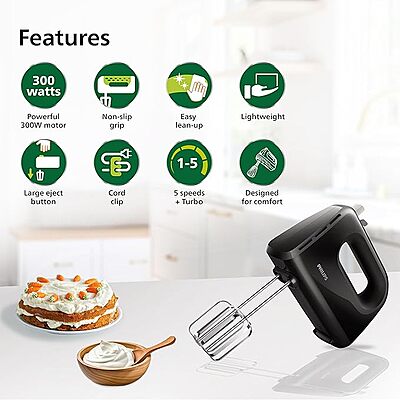 Philips 300W Hand Mixer – Black – Efficient Mixing with Multiple Speeds , Lightweight & Easy to Use- stainless steel accessories and 2 years warranty(black color)