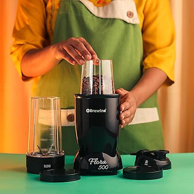 Brewine Flora 500 Nutri Blender | 500W Powerful Copper Motor | 3 Multipurpose Cups | 2-Year Warranty | Smoothies, Spices & Baby Food Maker (Black, 500 Watts Black)