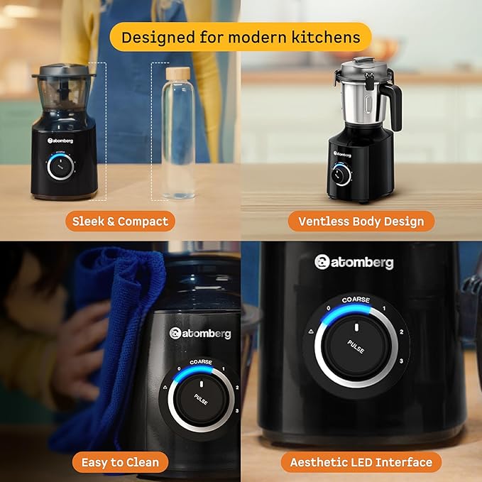 Atomberg Zenova Mixer Grinder with Unique Coarse Mode, 4 Jars including Unique Chopper Jar with Hands Free Operation (BLACK)