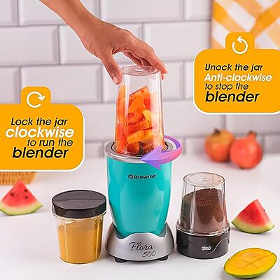 Brewine Flora 500 Nutri Blender, 500W Motor, Aqua Blue - Powerful Nutrient Extraction | Portable | Compact | and Easy to Clean Blender for Smoothies | Juices | and Shakes