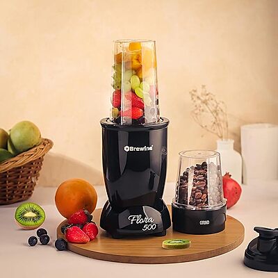 Brewine Flora 500 Nutri Blender | 500W Powerful Copper Motor | 3 Multipurpose Cups | 2-Year Warranty | Smoothies, Spices & Baby Food Maker (Black, 500 Watts Black)