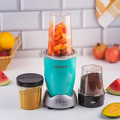 Brewine Flora 500 Nutri Blender, 500W Motor, Aqua Blue - Powerful Nutrient Extraction | Portable | Compact | and Easy to Clean Blender for Smoothies | Juices | and Shakes