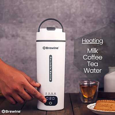 BREWINE 450ML Portable Electric Kettle White – Travel Kettle for Boiling Water, Fast Heating, Lightweight & Leak-Proof, Voltage Range 220V-230V -- Digital Display, Touch Button